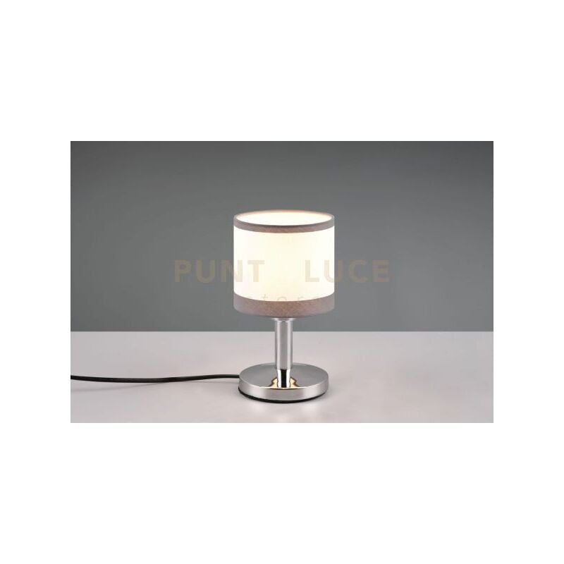 foto del prodotto reality leuchten davos lampada da tavolo metallo cromato paralume bianco e grigio h. 22cm 1 luce attacco e14