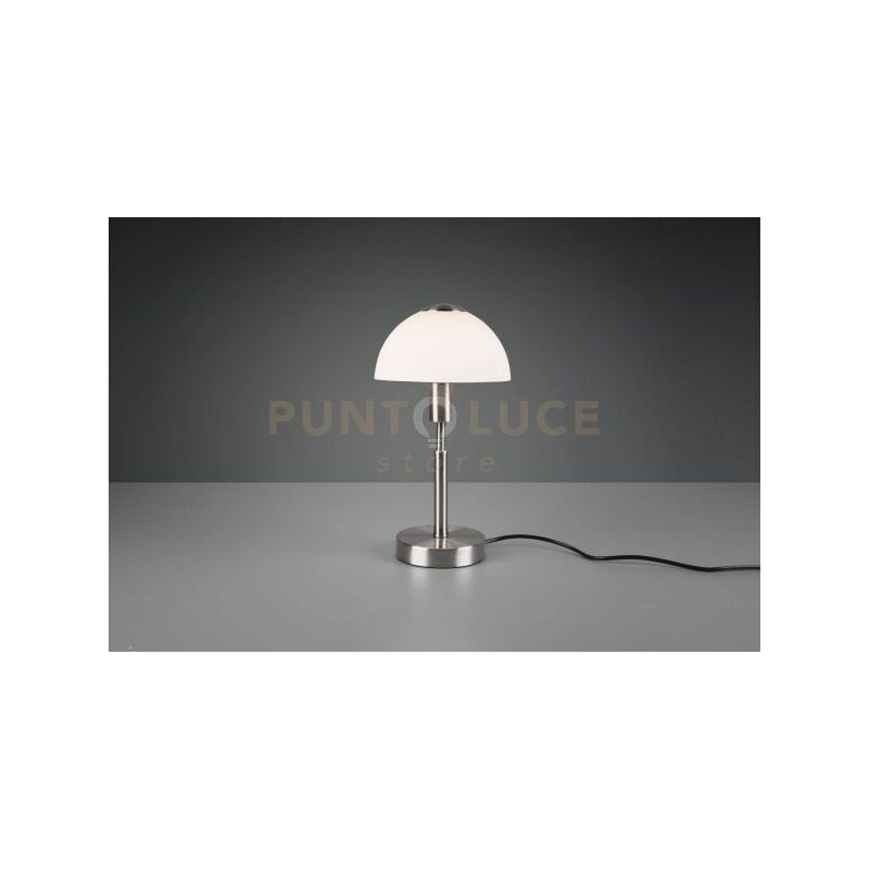 foto del prodotto reality leuchten don ii lampada da tavolo cupola vetro bianco e metallo acciaio satinato con interruttore h. 33cm 1 luce attacco e14