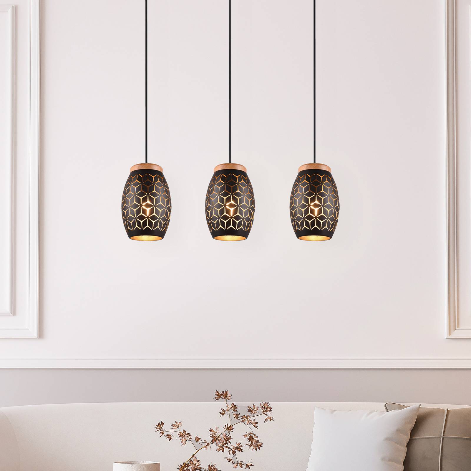 foto del prodotto reality leuchten lampada a sospensione bidar, lunghezza 71 cm, nero-oro, a 3 luci, metallo