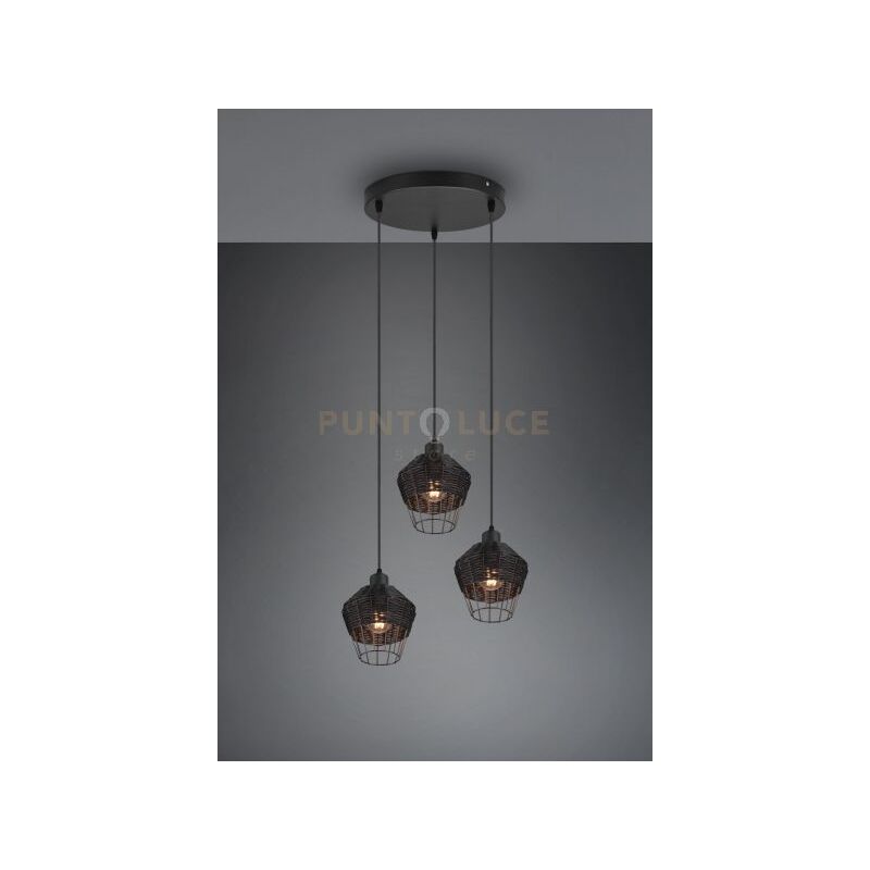 foto del prodotto reality leuchten sospensione borka 3 diffusori in rattan colore nero opaco r31263302
