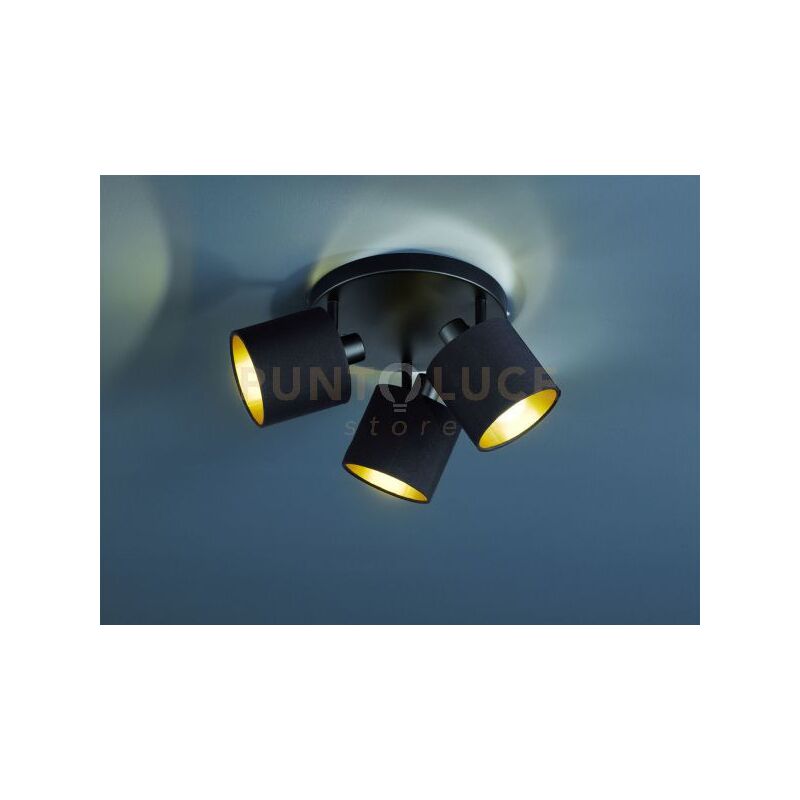 foto del prodotto reality leuchten tommy plafoniera 3 spots con diffusori paralumi neri e oro base metallo nero opaco d.25cm attacco e14