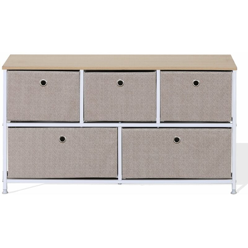 foto del prodotto rebecca mobili cassettiera bassa mobiletto con 5 cassetti in metallo e tessuto beige bianco
