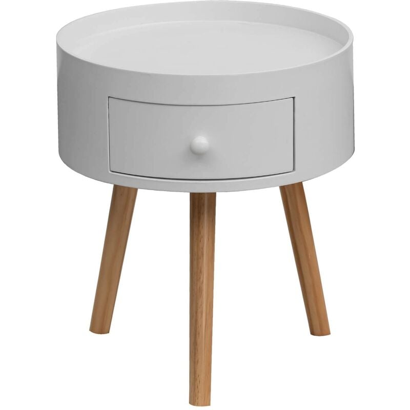 foto del prodotto rebecca mobili comodino 1 cassetto tavolino tondo in legno bianco moderno per camera da letto