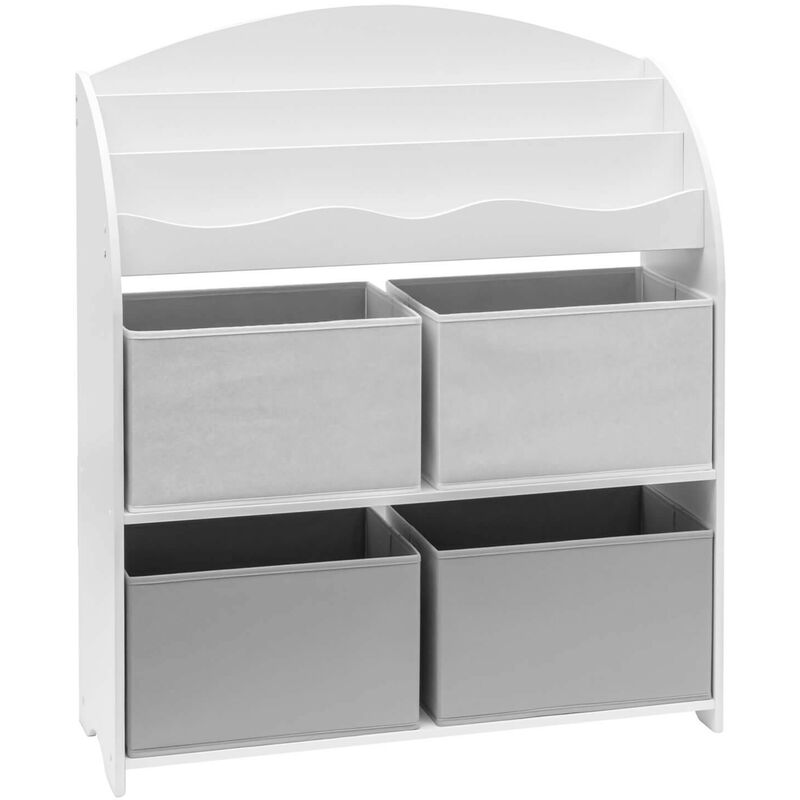 foto del prodotto rebecca mobili scaffale per giocattoli portagiochi bambini bianco grigio mdf con 4 scatole