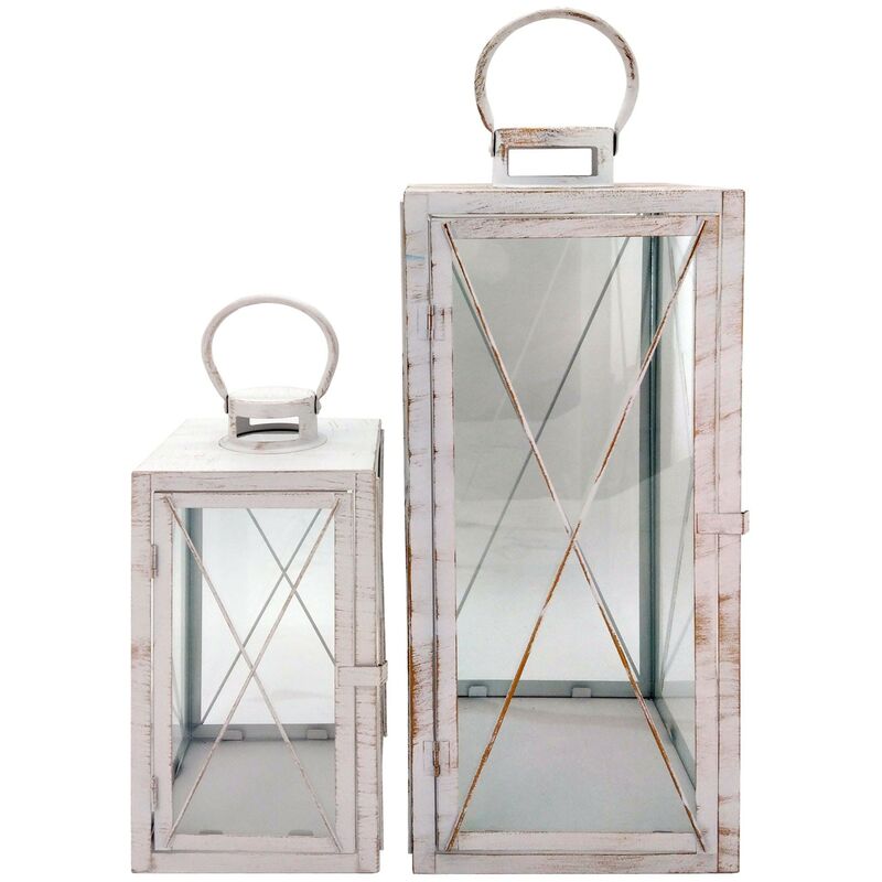 foto del prodotto rebecca mobili set 2 lanterne bianche portacandele grandi in metallo pvc per casa esterno