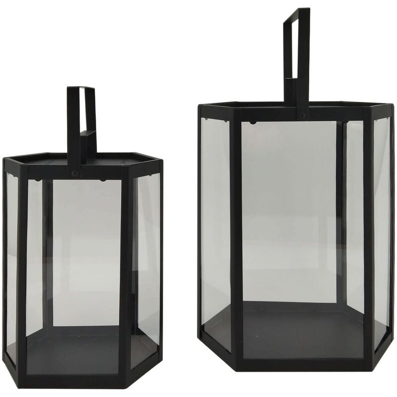 foto del prodotto rebecca mobili set 2 lanterne portacandela in metallo e pvc nero da interno esterno moderno