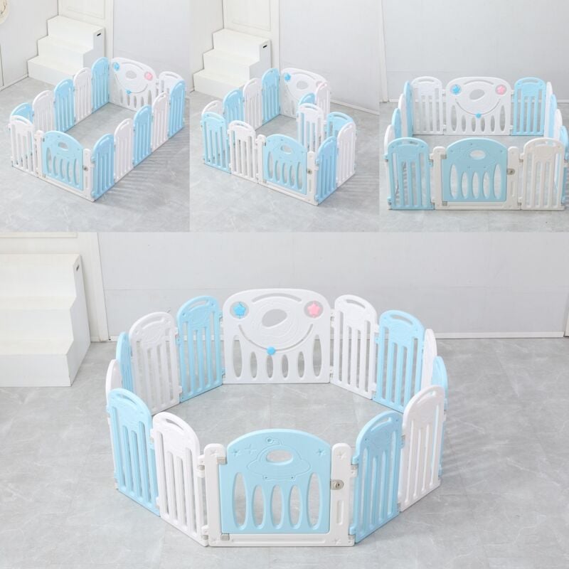 foto del prodotto recinto per bambini 12 2 pannelli, cancelletto di sicurezza in plastica con porta, recinto per bambini, blu e bianco