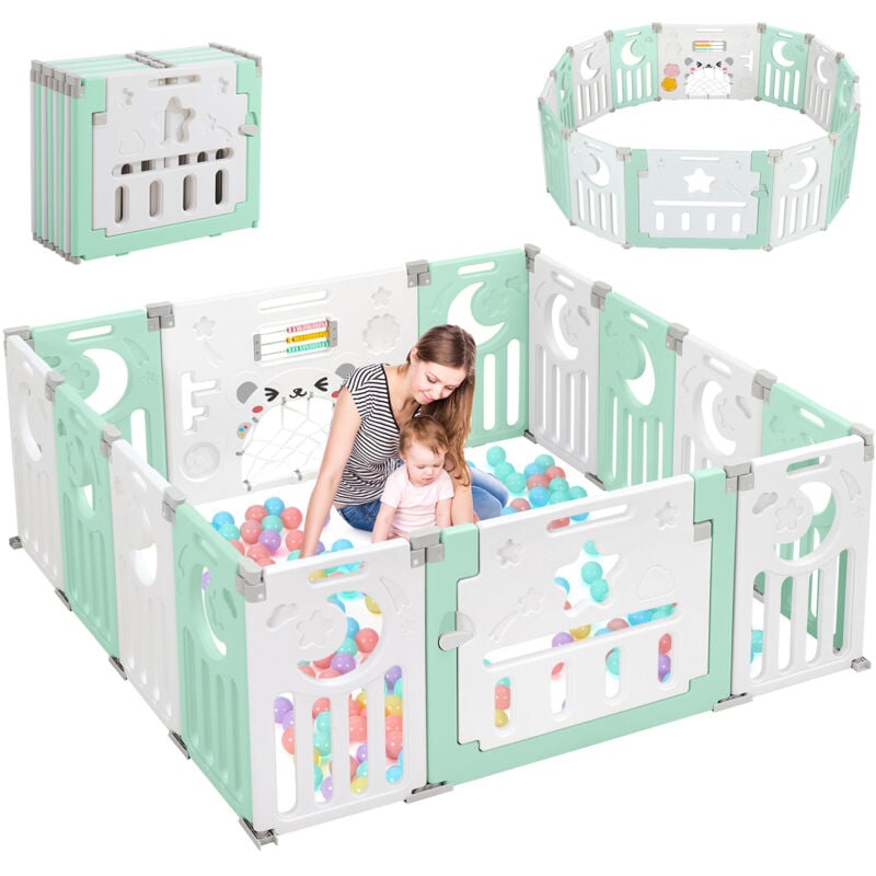 foto del prodotto recinto per bambini in plastica con 14 pannelli - recinzione protettiva pieghevole per bambini - 150x150x62 cm - verde e bianco