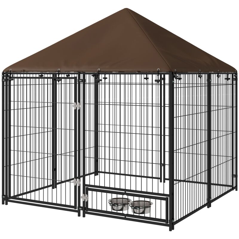 foto del prodotto recinto per cani con porticina per ciotole 141x141x151 cm in metallo e tessuto oxford nero e marrone