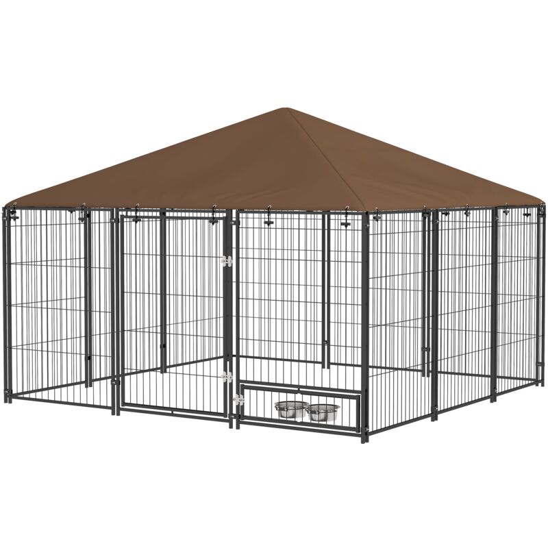foto del prodotto recinto per cani con porticina per ciotole 211x211x151 cm in metallo e tessuto oxford nero e marrone