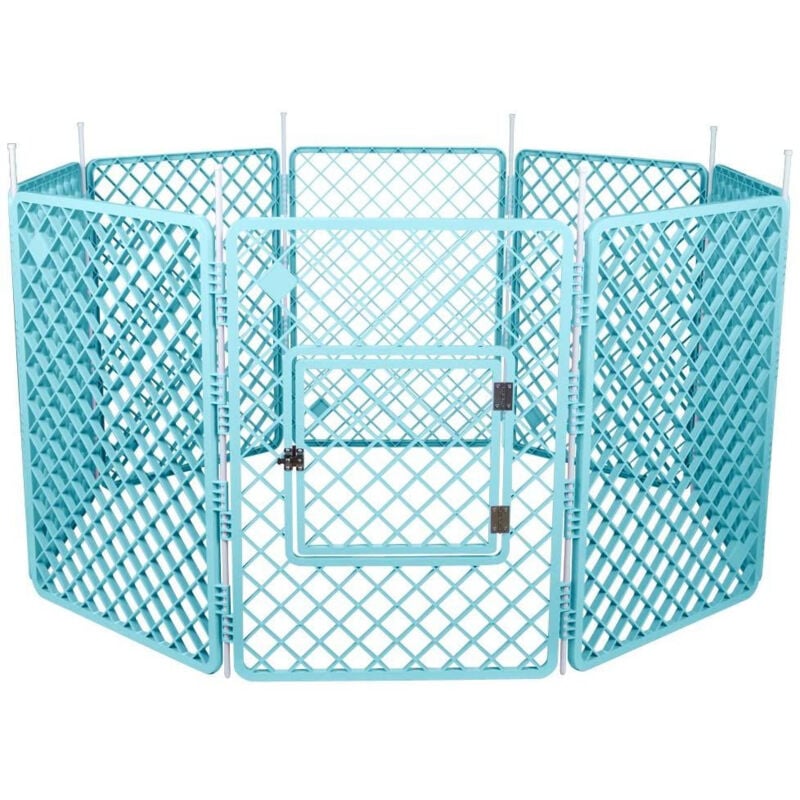 foto del prodotto recinto per cani da interno con porta, a90cm, 8 pannelli, blu, resistente ai graffi, plastica, parco, per cucciolo, gatti, interni, esterni, gabbia,