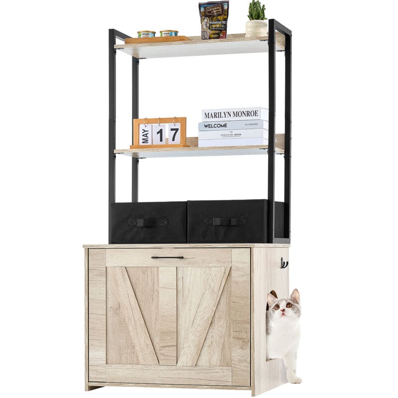foto del prodotto recinto per lettiera per gatti 599,4 x 500 x 1270 mm mobiletto per lettiera nascosto con 2 ripiani portaoggetti e 2 cestini, bagno per gatti in