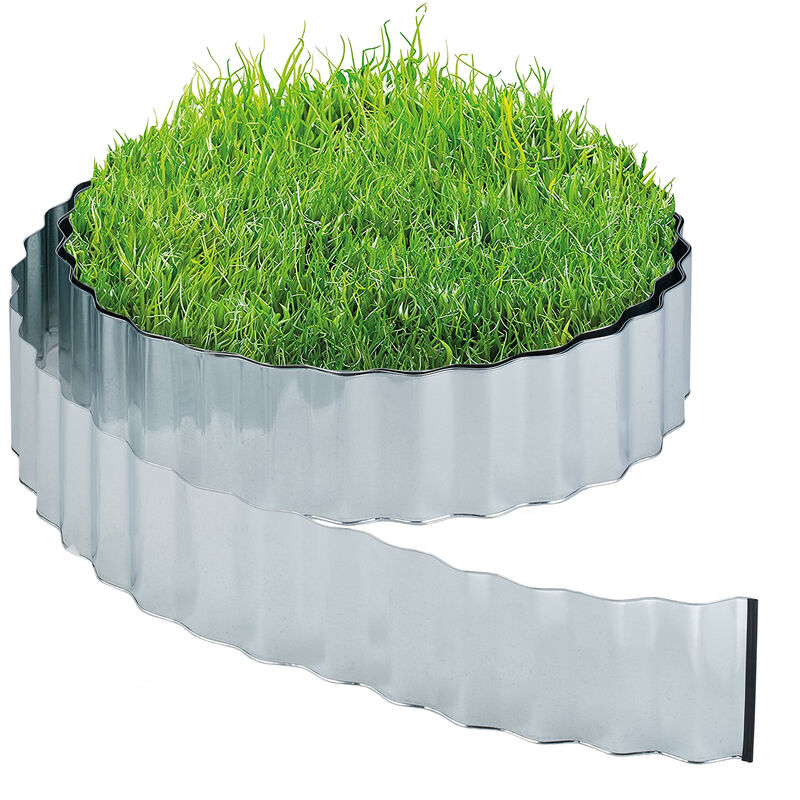 foto del prodotto recinto per prato e aiuole, bordo, sponda per giardino antiradice, hl 16 cm x 12 m, ferro zincato, argentato relaxdays
