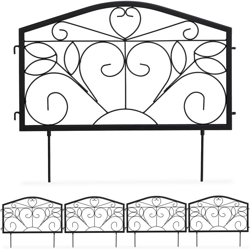 foto del prodotto recinzione da giardino, set 4 pareti per sentieri, bordure per aiuole, ferro, ornamenti, hb 33x225 cm, nero relaxdays