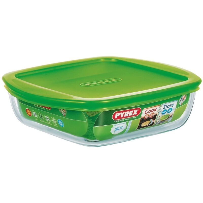 foto del prodotto recipiente quadrato per conservare gli alimenti, con coperchio, in vetro, 20 x 17 x 5,5 cm, vetro boro, 1l pyrex