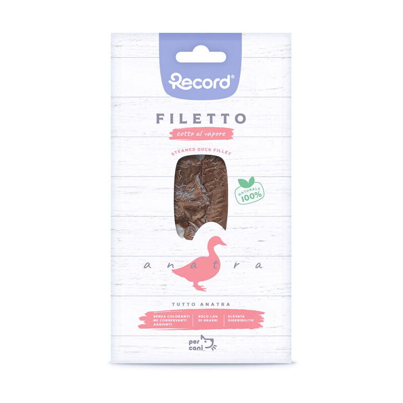 foto del prodotto record filetto cotto al vapore tutto anatra snack monoproteico premium per cani 24 confezioni x 25 g cad.