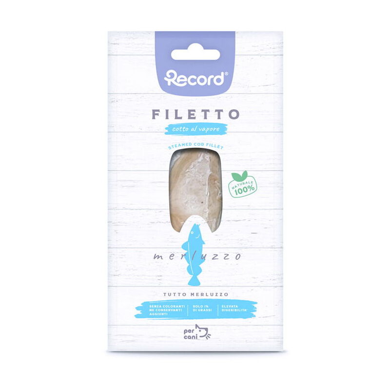 foto del prodotto record filetto cotto al vapore tutto merluzzo snack monoproteico premium per cani 24 confezioni x 25 g cad.