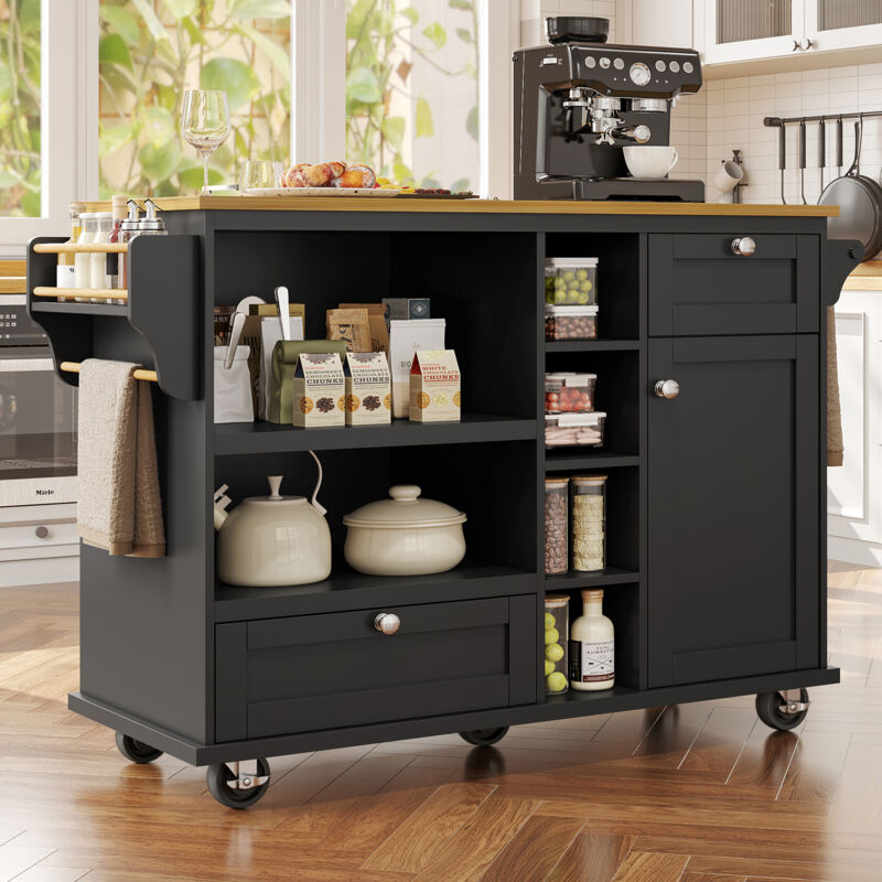foto del prodotto redom carrello da pranzo 129 x 46 x 92 cm , carrello da cucina mobile nero moderno e semplice con cassetti e armadietti, piano di lavoro in legno