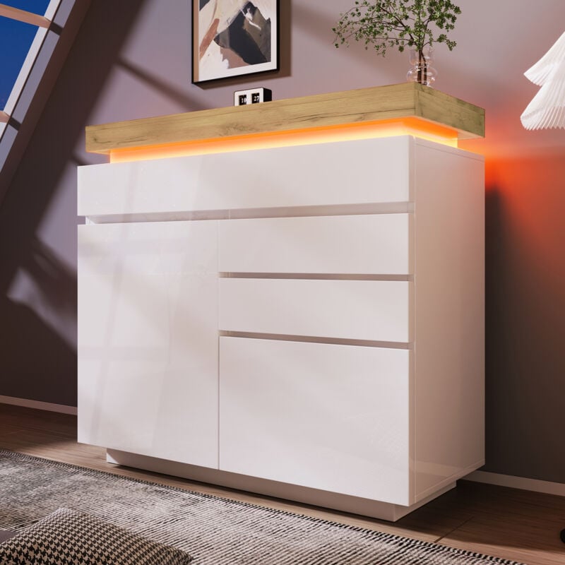 foto del prodotto redom cassettiera, credenza lucida con 2 ante e 3 cassetti, illuminazione a led controllo tramite app , mobile versatile per soggiorno e camera da