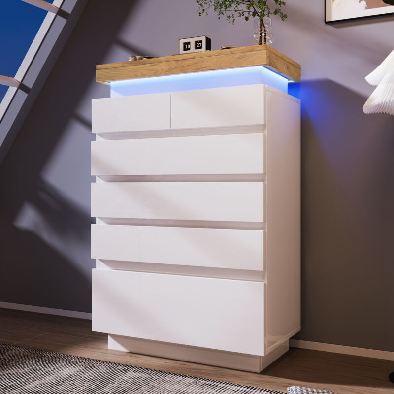 foto del prodotto redom cassettiera, credenza lucida con 6 cassetti, illuminazione a led controllo tramite app , mobile versatile per soggiorno e camera da letto,