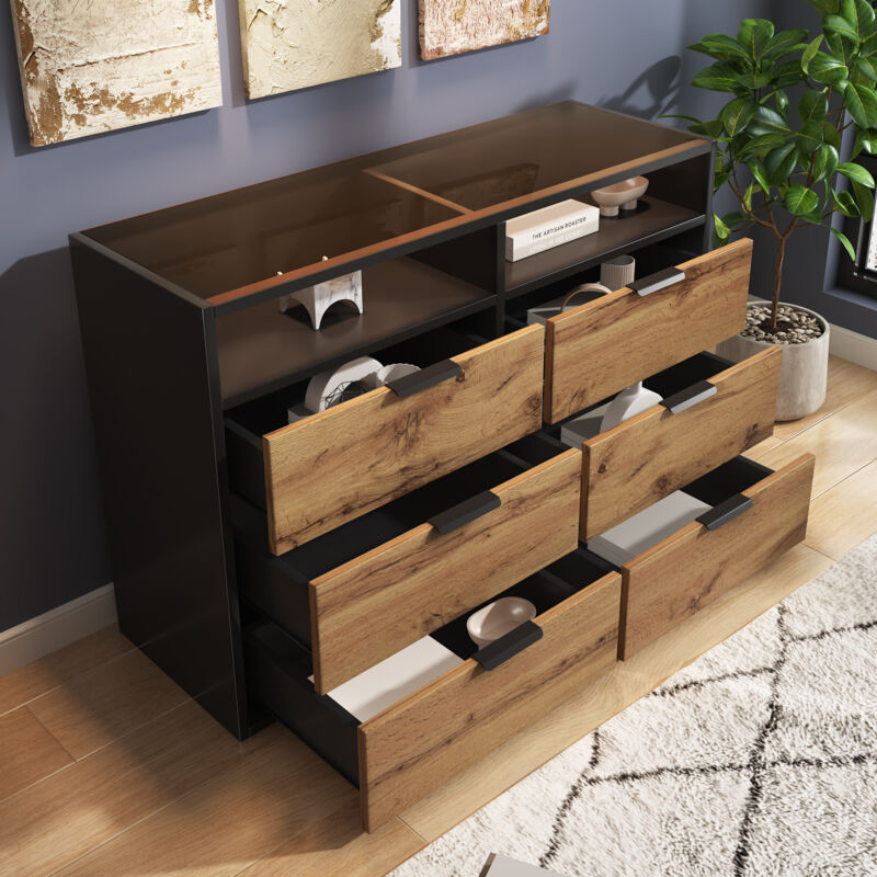 foto del prodotto redom cassettiera in vetro ambrato, credenza con maniglie in metallo, cassettiera con 6 cassetti e 2 scomparti, antiribaltamento, 120 x 40 x 80 cm,