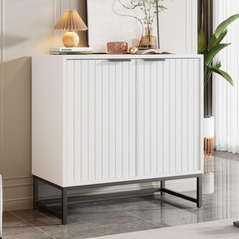 foto del prodotto redom cassettiera moderna con 2 ante termoformate, mobile contenitore da terra con maniglie e gambe in metallo, adatta per soggiorno, corridoio e