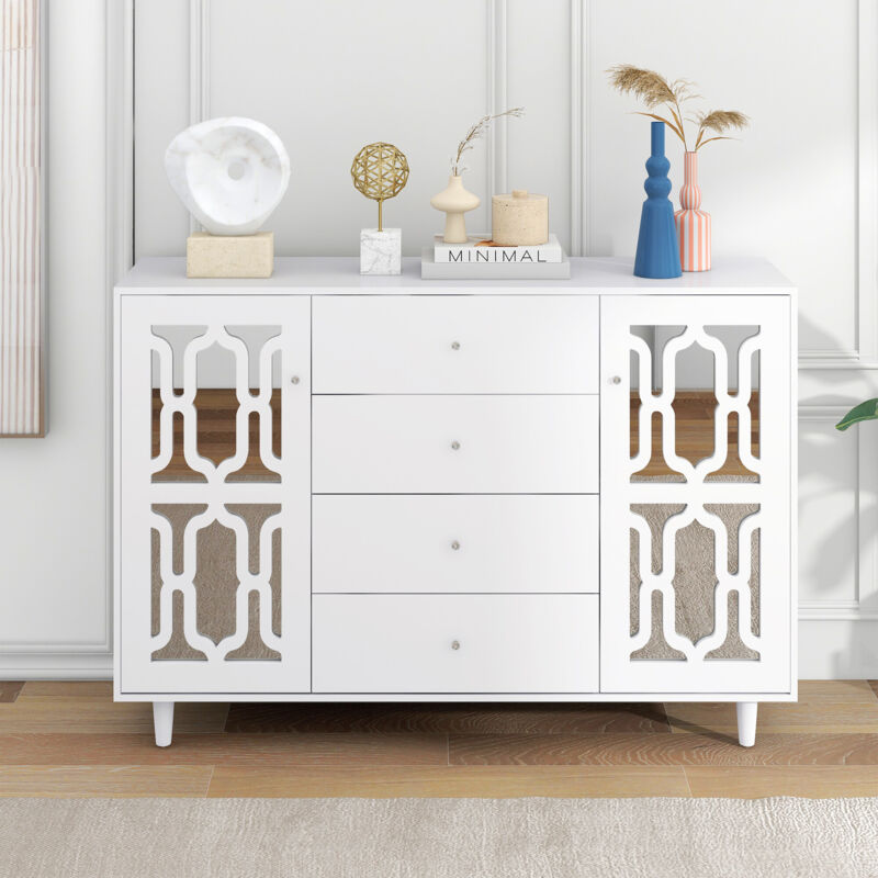 foto del prodotto redom credenza bianca con specchio e maniglie in cristallo, per soggiorno e sala da pranzo, 147,5 x 40 x 102 cm