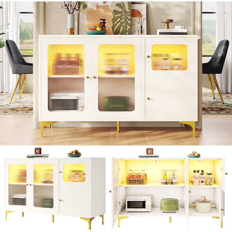 foto del prodotto redom credenza bianca moderna e semplice 140 x 40 x 90 cm , design con porta in vetro changhong, luce ambientale calda incorporata, con dettagli