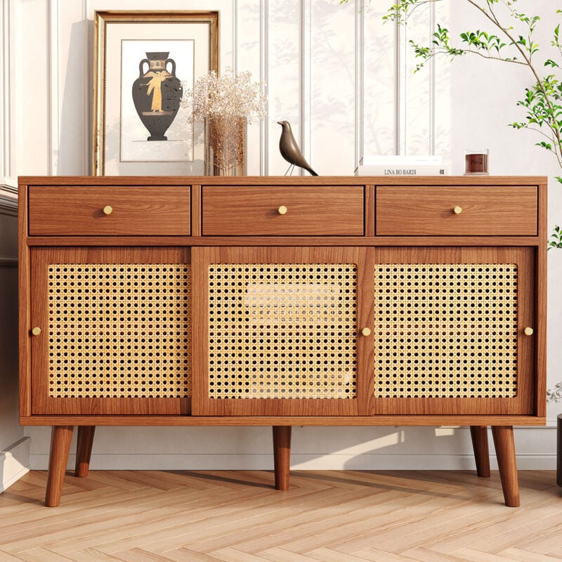 foto del prodotto redom credenza, cassettiera con 3 cassetti e 3 ante scorrevoli, intreccio in rattan sui frontali delle ante, gambe in legno massello, maniglia a