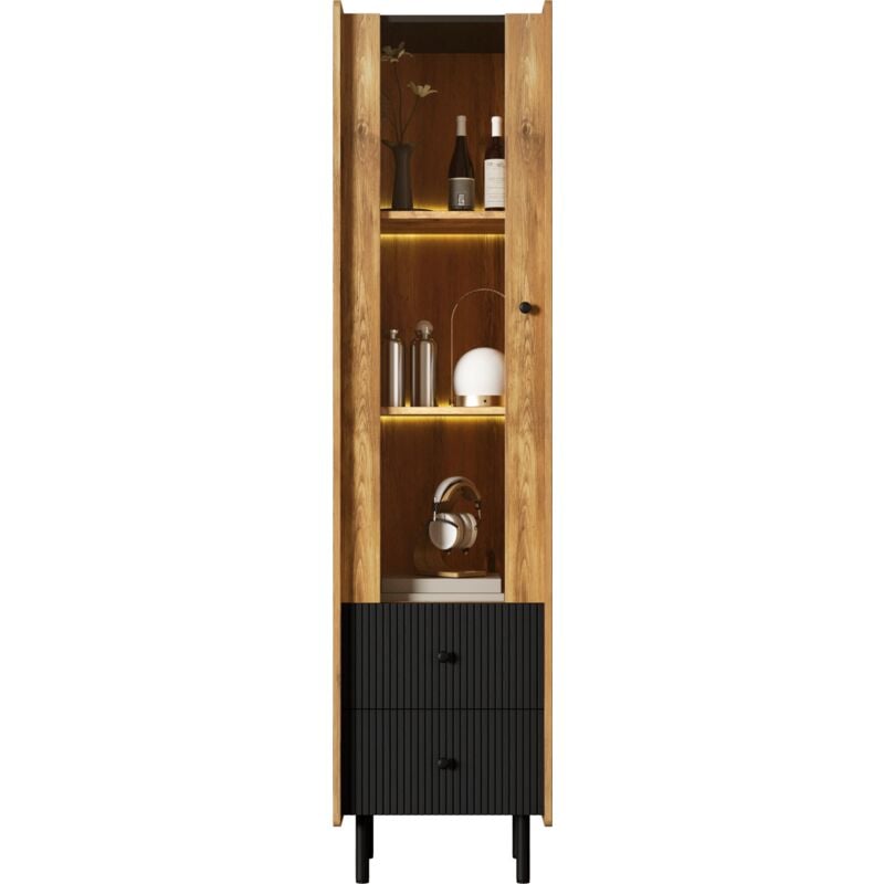 foto del prodotto redom credenza, colonna in venature del legno nero 180 x 44 x 40 cm con anta in vetro, illuminazione led gialla, 2 cassetti