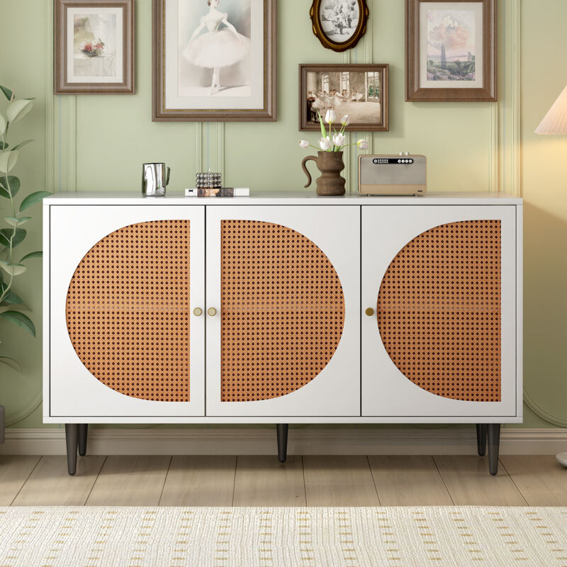 foto del prodotto redom credenza con 3 ante decorata in rattan, cassettiera, credenza alta con maniglie in metallo, per camere da letto, soggiorni e uffici, bianco,