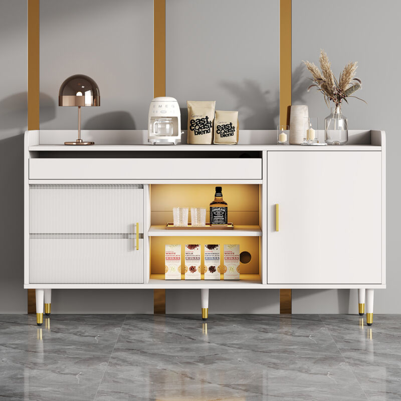 foto del prodotto redom credenza con ante scorrevoli in vetro e illuminazione a led cassettiera indipendente in legno, mobile credenza, mobile da cucina, elegante