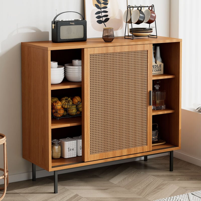 foto del prodotto redom credenza da cucina, mobile contenitore con 2 ante scorrevoli e ripiano regolabile, mobile laterale in stile country per soggiorno, sala da