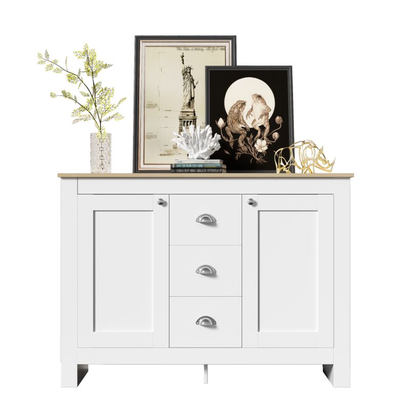 foto del prodotto redom credenza in legno bianco caldo con 2 ante e 3 cassetti con maniglie color argento, ripiano regolabile e cerniere a chiusura ammortizzata