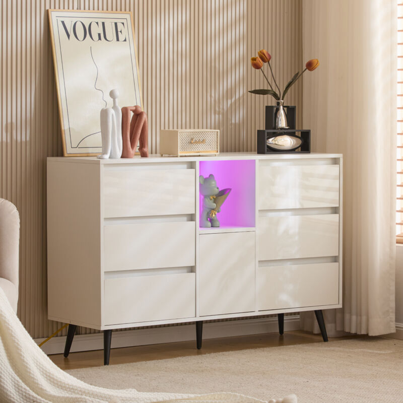 foto del prodotto redom credenza moderna bianca con illuminazione a led, 6 cassetti silenziosi, ante push open, finitura lucida, gambe in metallo nero opaco,