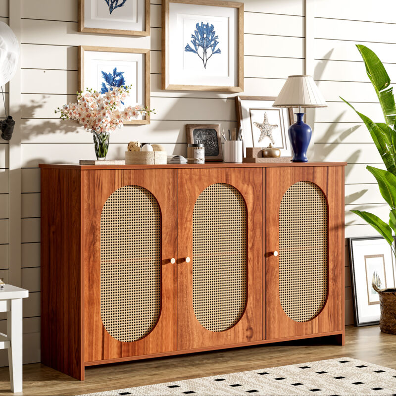 foto del prodotto redom credenza moderna ed elegante con 3 ante, ampio spazio di archiviazione, ante in finto rattan e maniglie in metallo, mobili in stile per sala