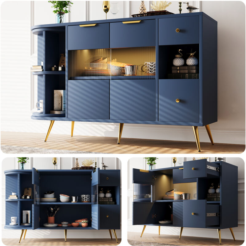 foto del prodotto redom credenza per sala da pranzo, armadietti per soggiorno con ante scorrevoli in vetro e luci a led, credenza in legno, armadietti indipendenti,