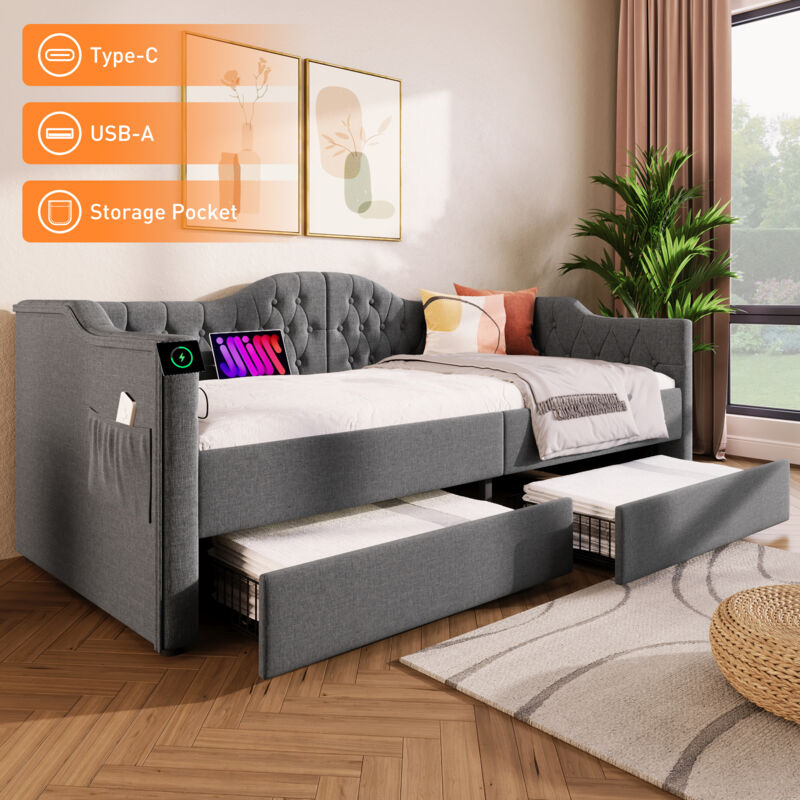foto del prodotto redom divanetto imbottito divano letto letti contenitore struttura letto con funzione di ricarica usb tipo c e 2 cassetti 90x190 cm in lino grigio