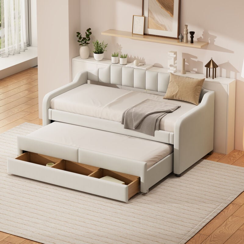 foto del prodotto redom - dormeuse 90 cm x 200 cm 190 cm , dormeuse singolo imbottito con contenitore a scomparsa, dormeuse con cassetti, beige