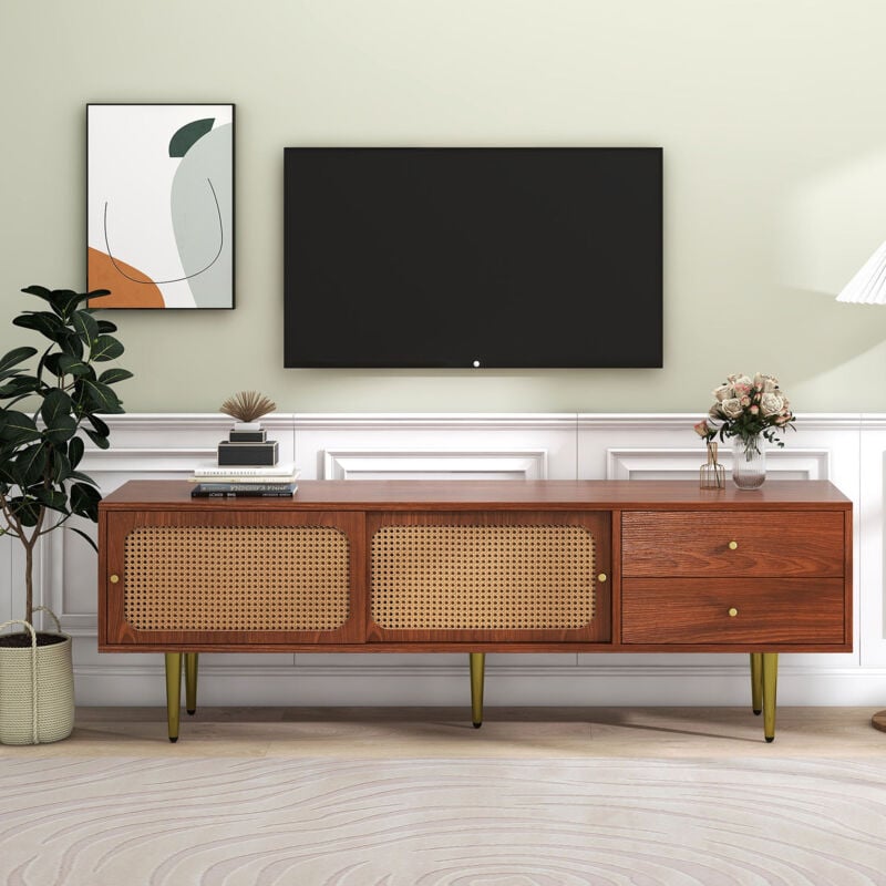 foto del prodotto redom elegante mobile tv con ante scorrevoli in rattan e pratici cassetti, noce con rattan in plastica scura, 2 cassetti, 2 ante scorrevoli in