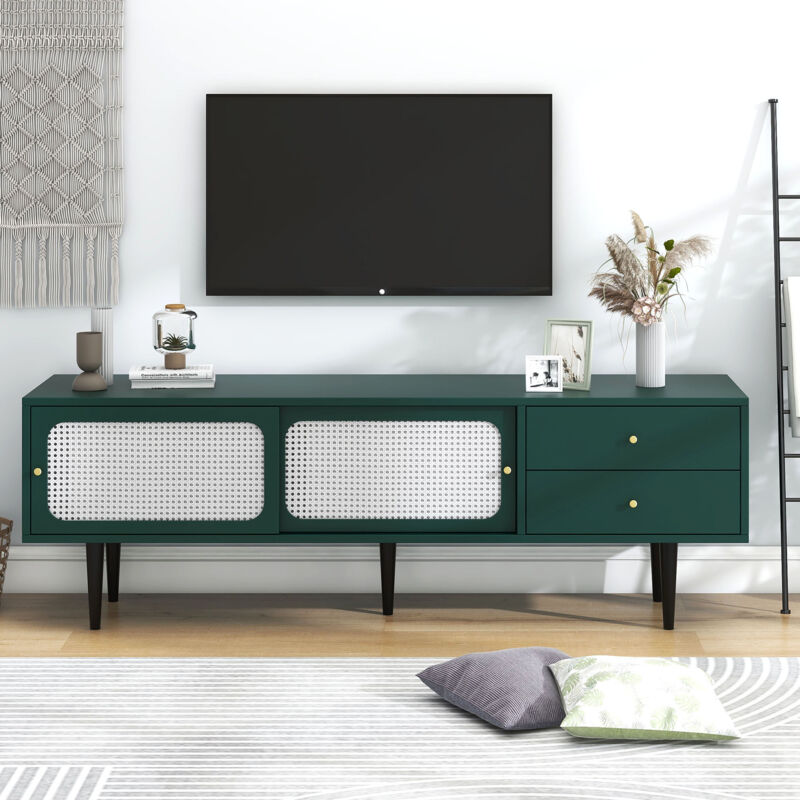 foto del prodotto redom elegante mobile tv con ante scorrevoli in rattan e pratici cassetti, verde con rattan bianco, 2 cassetti, 2 ante scorrevoli in rattan, 4