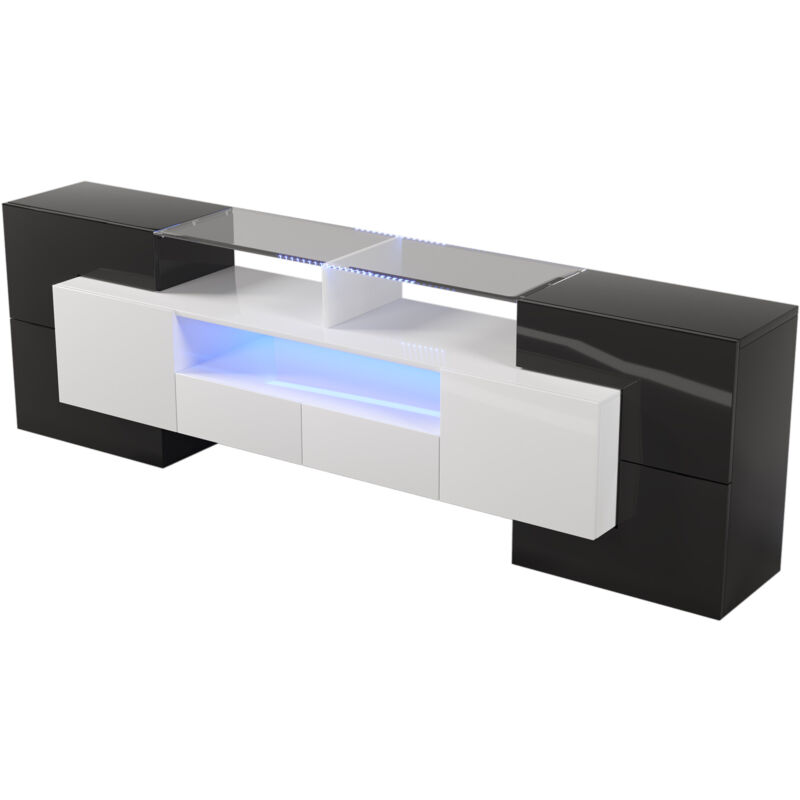 foto del prodotto redom elegante mobile tv, pannello basso. mobile soggiorno da 200 cm con illuminazione a led bianco lucido e nero. design moderno. superficie in