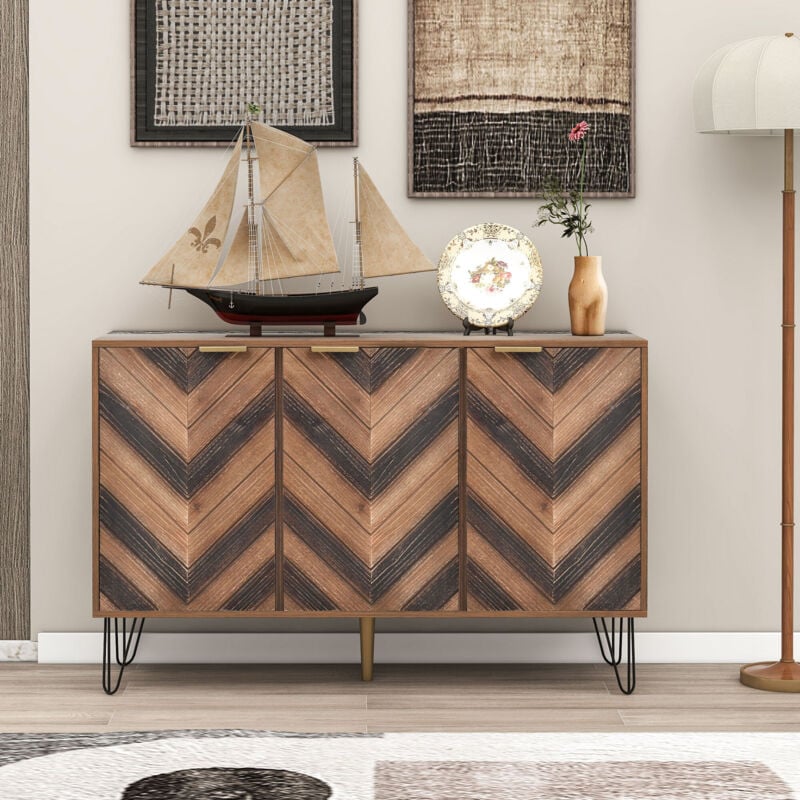 foto del prodotto redom esclusiva credenza a tre ante, con dettagli eleganti e generoso spazio contenitivo. anta impiallacciata in legno massello, aspetto concavo e
