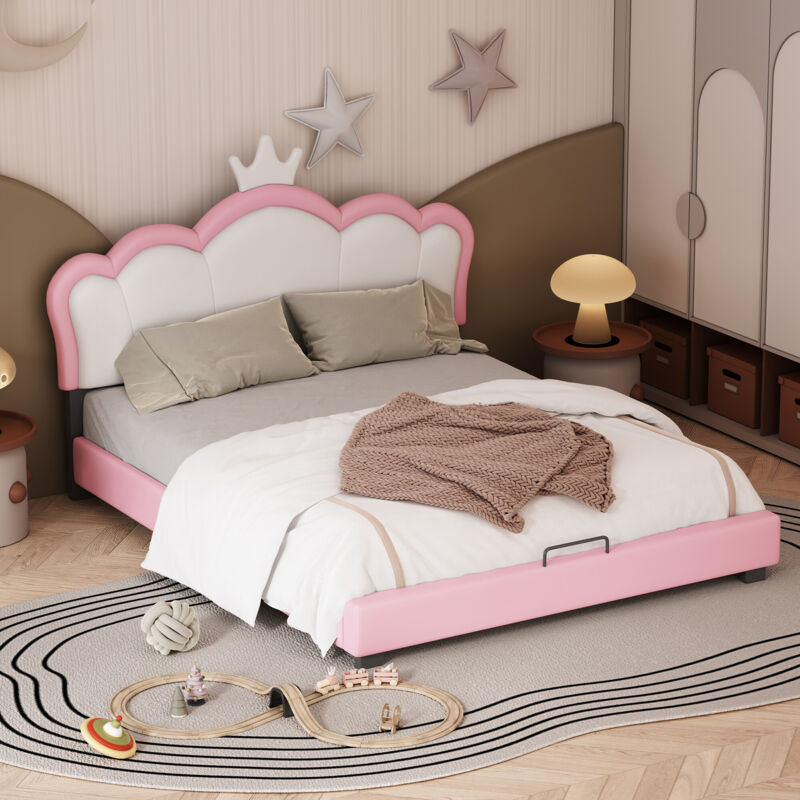 immagine 0 del prodotto redom lettino per bambini imbottito 140200 cm con rete a doghe e schienale, letto per bambine con modanatura a corona, rosa materasso non incluso 