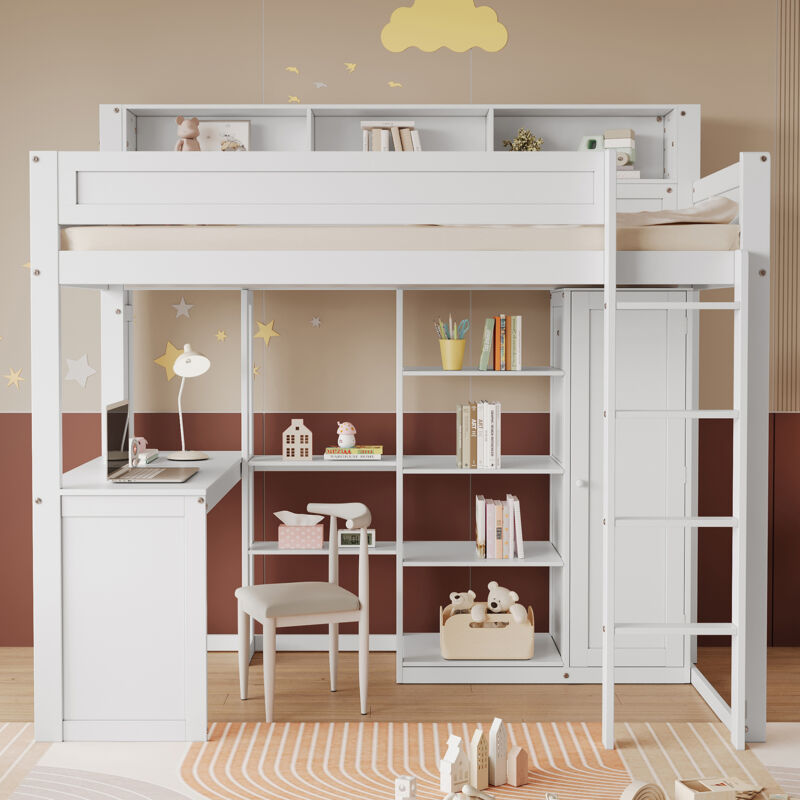 foto del prodotto redom letto a castello con tavolo e armadio, letto per bambini, con griglia anticaduta, con ripiani e scaletta a quattro gradini, spazio di