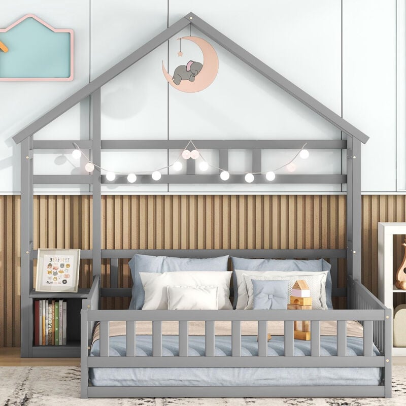 immagine 0 del prodotto redom letto a castello per bambini 140 x 200 cm. letto a terra piatta a forma di casa con balaustra e 1 comodino. grigio