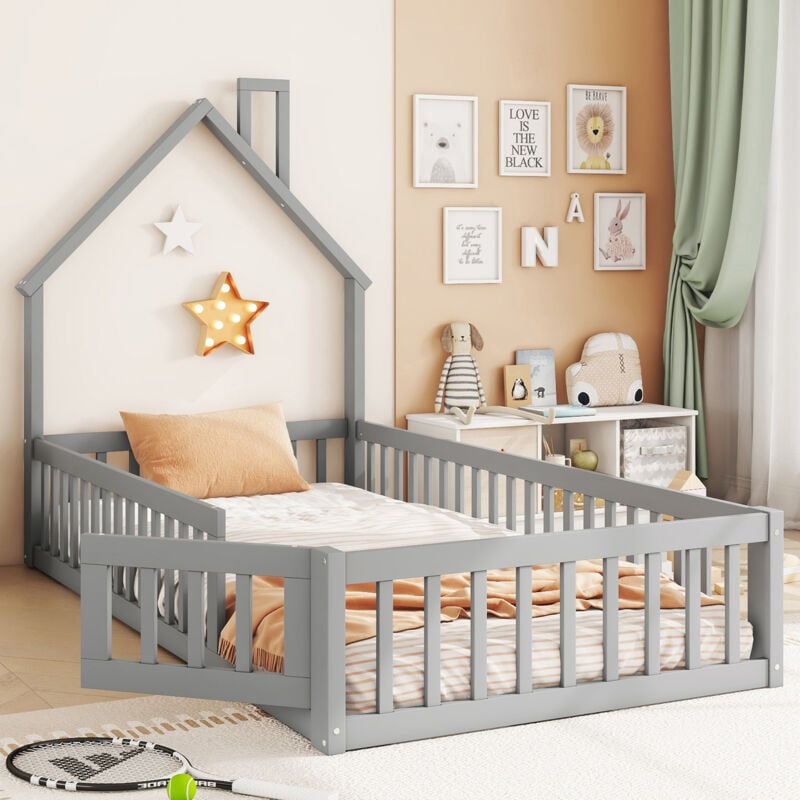 foto del prodotto redom letto a soppalco 90 x 200 cm, lettino per bambini a forma di caminetto, letto con rete a doghe senza materasso , legno di pino, stile