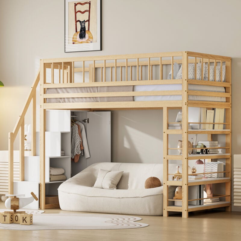 foto del prodotto redom letto a soppalco 90 x 200, design di sicurezza con recinzione alta con armadio, ripiani e spazio di archiviazione con scala di sicurezza,