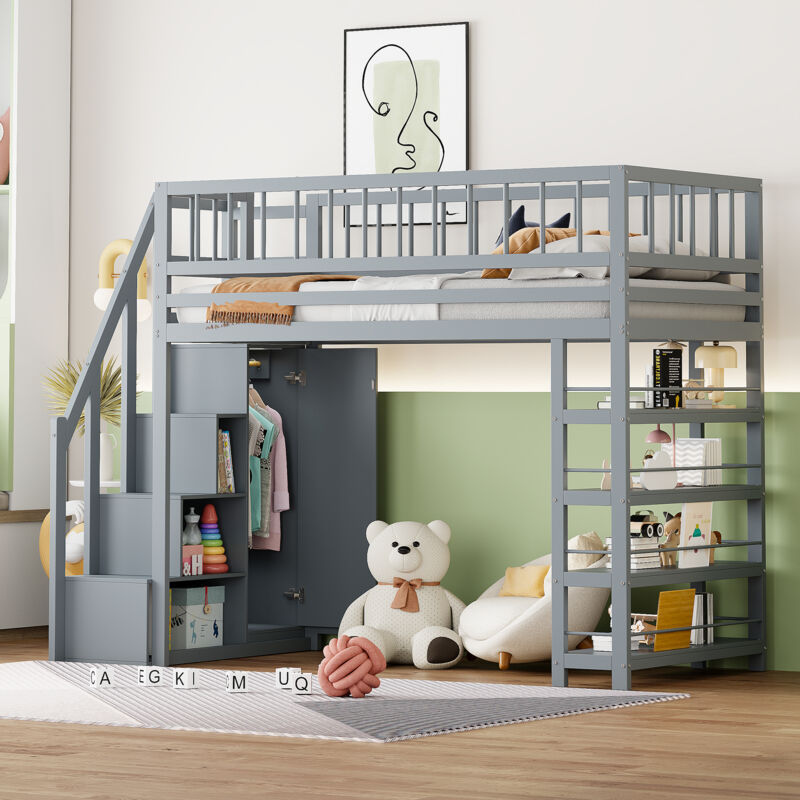 foto del prodotto redom letto a soppalco 90 x 200, recinzione alta di sicurezza con armadio, ripiani e spazio di stivaggio con scala di sicurezza, letto