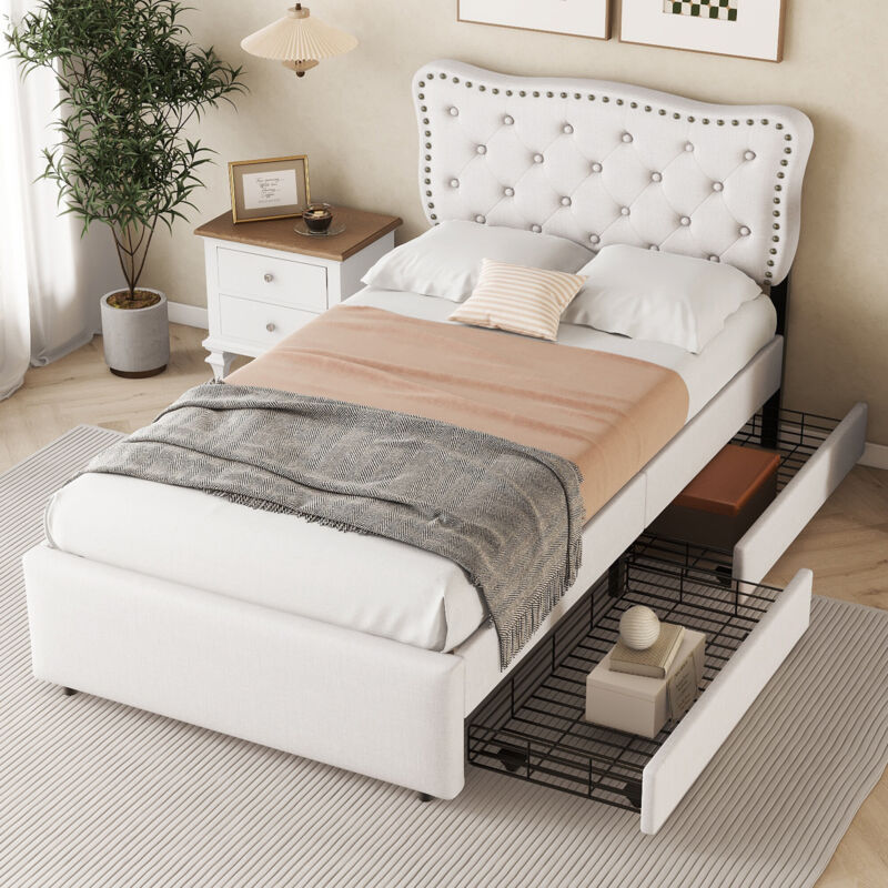 foto del prodotto redom letto basso, letto imbottito, comodino imbottito con chiodi decorativi, doppi cassetti, beige chiaro, 90200 cm